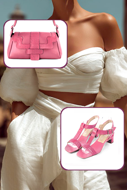 Women's carnation pink elegant fully open instep strap sandals. Square toe. Low kitten heels - Worn view